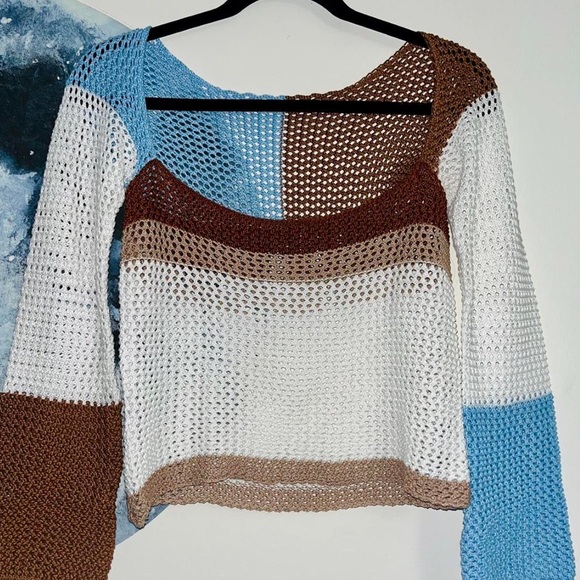 Y2K Crochet Long Sleeve Color Block Square Neck Top - Picture 9 of 11